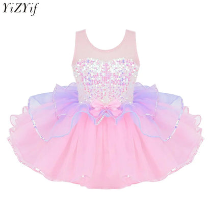Kids Girls Fairy Party Princess Dress Ballet Dance Dress Sleeveless Mesh Splice Gymnastics Leotard Tutu Dress Ballroom Dancewear