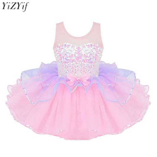 Kids Girls Fairy Party Princess Dress Ballet Dance Dress Sleeveless Mesh Splice Gymnastics Leotard Tutu Dress Ballroom Dancewear
