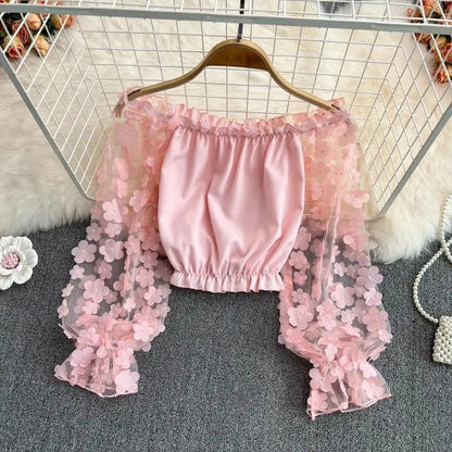 Flower Three-dimensional Decoration Slash Neck Long Sleeve Women's Blouse Shirt Korean Fashion Female Clothing Tops 2024 Summer