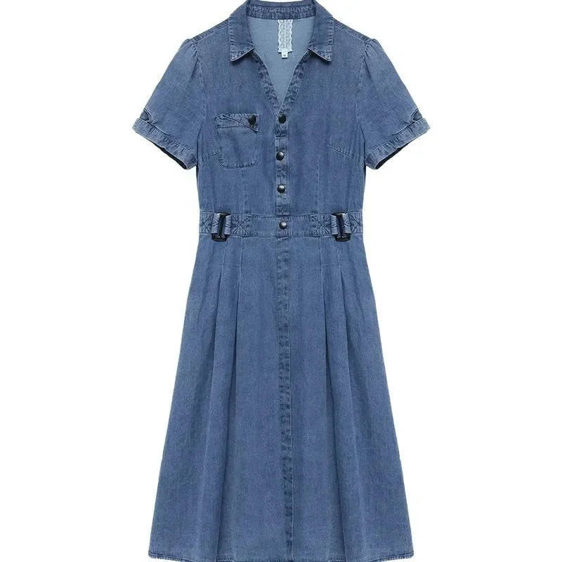 2026 Korean Summer New Denim Dress Women Temperament  Short Sleeved Fashion Slim All-match Casual Dress Female Vestidos