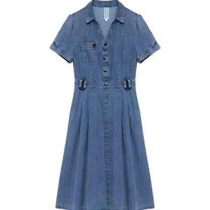 2026 Korean Summer New Denim Dress Women Temperament  Short Sleeved Fashion Slim All-match Casual Dress Female Vestidos