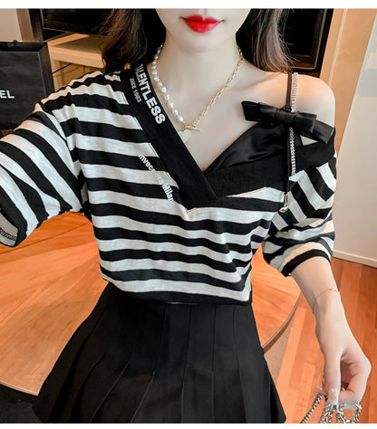 Unique Design oulder Bared ort Sve V-Ne Loose T-irt for Women  Knot Print Splice Asymmetrical Korean Sle