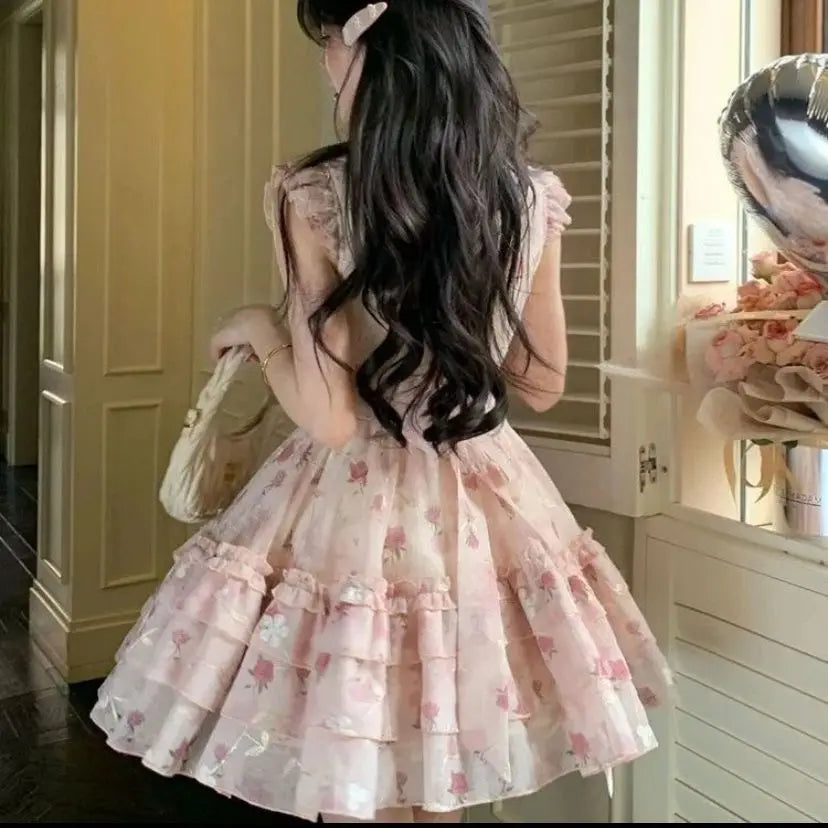 New Coquette Floral Mini Dress Women Sweet Bow Ruffle Tiered Dress Y2K Fairycore Aesthetic Sleeveless Lace Trim Party Chic Dress