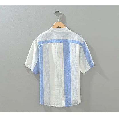 Fashion Stand Collar Printed Spliced Striped Shirts Men's Clothing 2025 Summer New Loose Short Sleeve Casual Tops Vintage Shirts(Available)