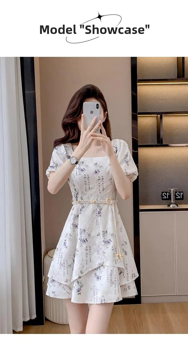 Summer New Chinese Sle Square Collar Bubble ort Sve Retro Waist Cinched A-Line  Dr Women's Faion Sweet Princ
