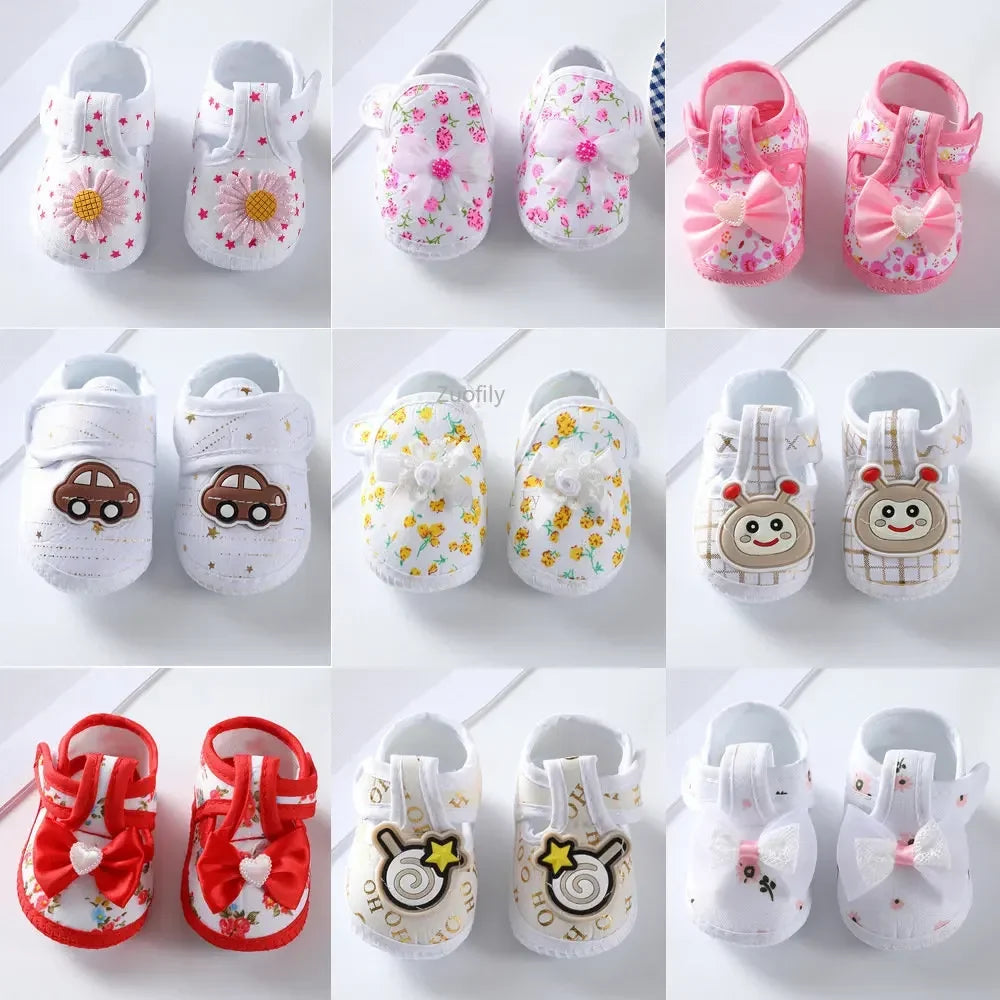 Newborn Baby Boy Girls Shoes Spring Autumn Lovely Floral Embroidery Anti-Slip Sneaker Crib Shoes Soft Cotton Cute First Walkers (Available)