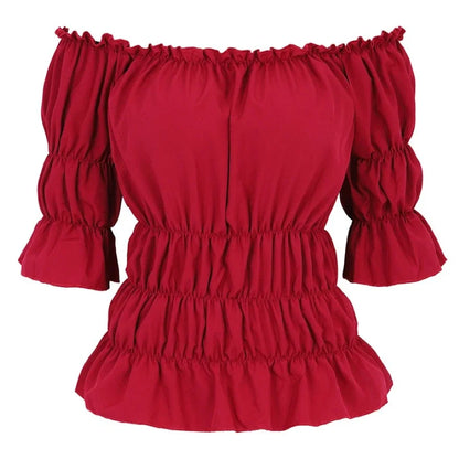 Women Renaissance Peasant Blouse Peplum Top Ruffle Sleeve Off-Shoulder Shirts 3/4 Sleeve Elastic Waist