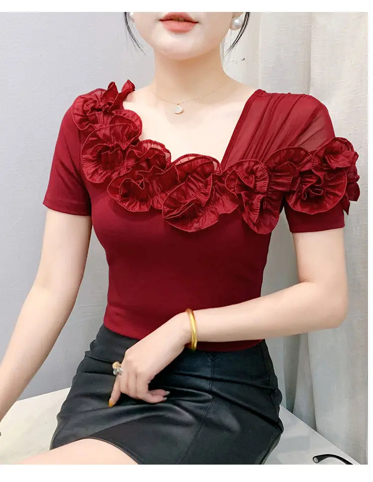 Faionable Floral Lace Ear ort Sve Slimming Me oulder Bared T-Shirt Women's Casual Sle Polyester Fabric Tee irt