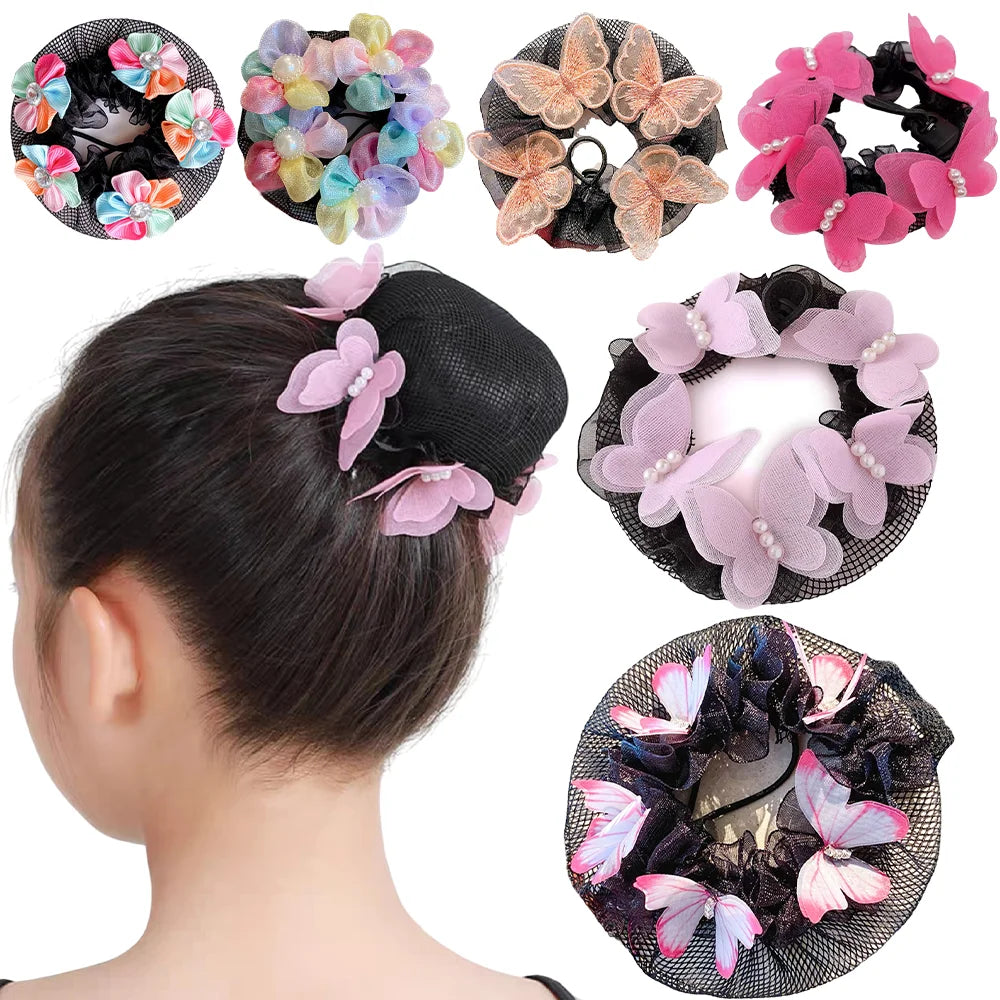 Girls Dance Hairnet Ballet Bun Cover Flower Butterfly Pearl Rhinestone Hair Mesh Kids Training Daily Dance Accessories