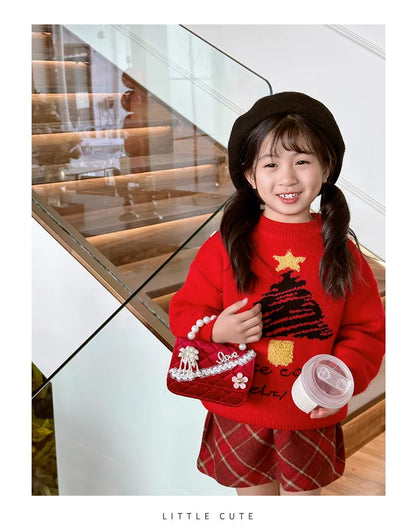 Sweet Bow Children's Small Square Shoulder Bag Sequin Lace Princess Girls Crossbody Bags Pearl Handle Coin Purse Handbags Gifts