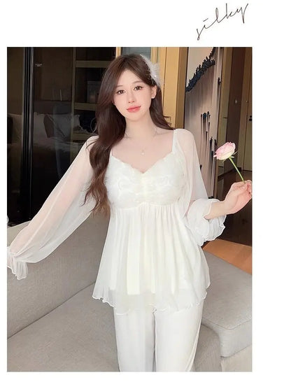 New Hot Luxury Elegant Long Sleeve Pajamas Set With Padded Bra Mesh Plus Size Women For Home Spring Autumn Summer Loungewear