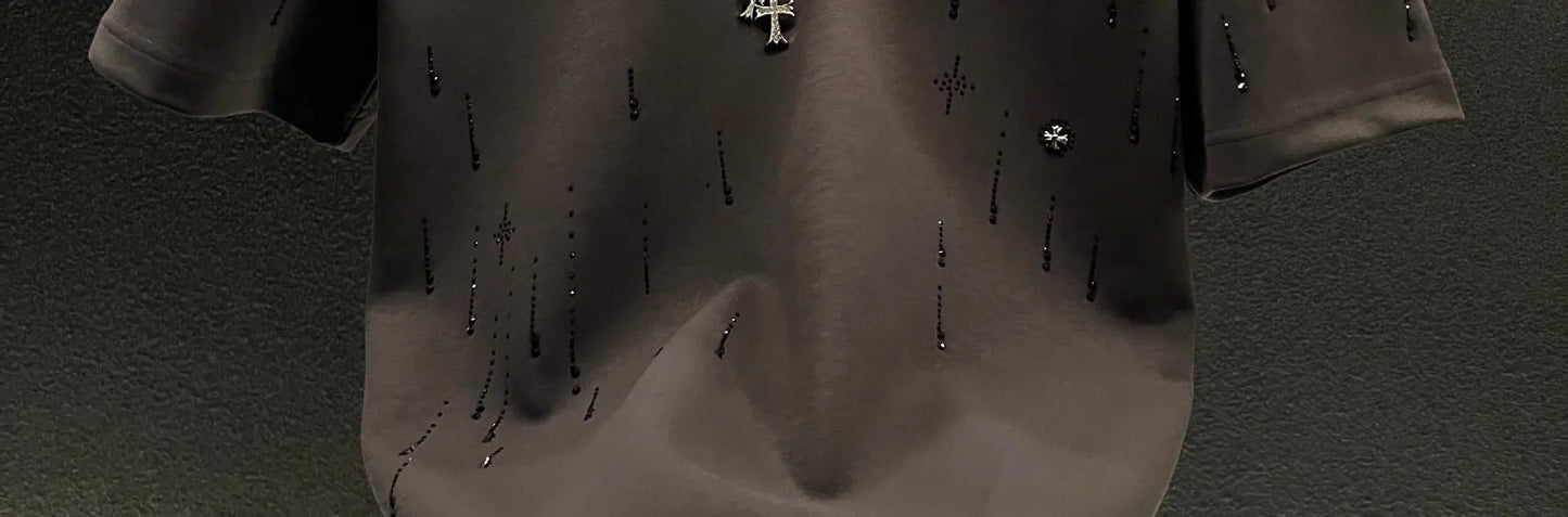 Spring New Heavy Work Light Luxury Custom Short Sleeve T-shirt Top Meteor Full Diamond T-shirt Round Neck Short Sleeve