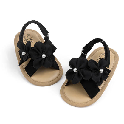 Baby Girls Shoes Flowers With Pearls Summer Cool Princess Sandals Lightweight Comfortable Soft Anti-slip Flat Sole