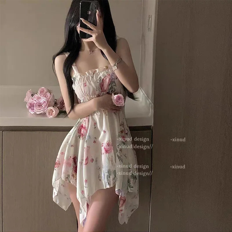 Hotsweet Style Flower Dress Chiffon Strap Temptation Sexy Elastic Waist Irregular Temperament Sweet Girl Perspective Dresses FJ8