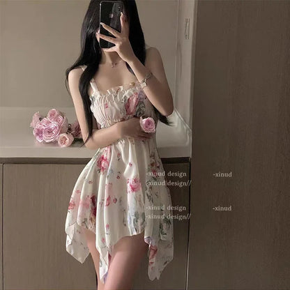 Hotsweet Style Flower Dress Chiffon Strap Temptation Sexy Elastic Waist Irregular Temperament Sweet Girl Perspective Dresses FJ8