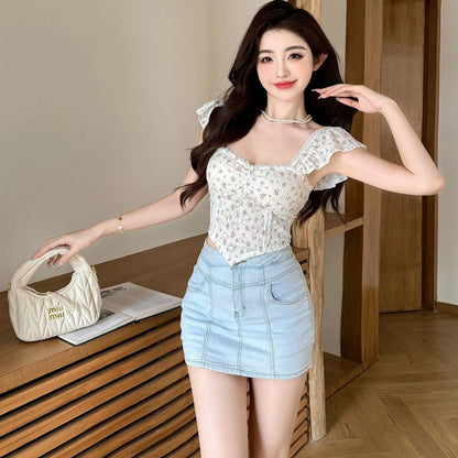 Summer New Pure Desire Sweet Floral Print off oulder Crop Top Slimming  with Chest Pad Versatile Women's Vest