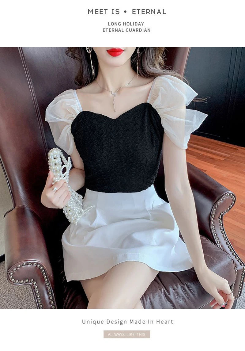 Summer Mesh Spliced Women Puff Sleeve Square Neck T Shirts Lady French Fashion Elegant Sweet Slim Fit Clothing Tops Black White