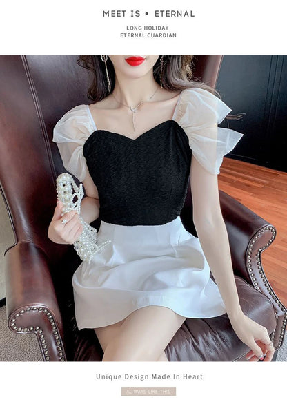 Summer Mesh Spliced Women Puff Sleeve Square Neck T Shirts Lady French Fashion Elegant Sweet Slim Fit Clothing Tops Black White