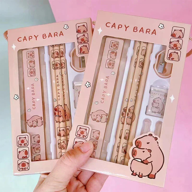 1Set 8 In 1 Student Stationery Capybara Pencil Ruler Eraser Sharpener Set Office Accessories School Writing Supplies Kids Gifts