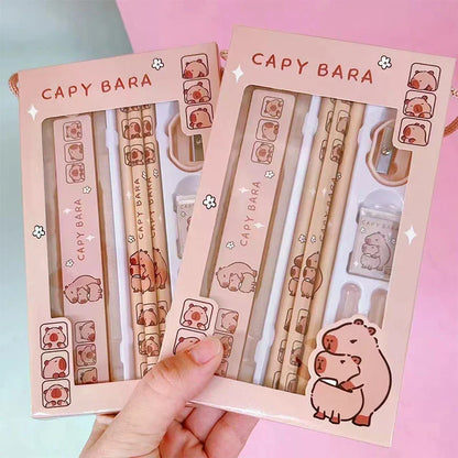 1Set 8 In 1 Student Stationery Capybara Pencil Ruler Eraser Sharpener Set Office Accessories School Writing Supplies Kids Gifts