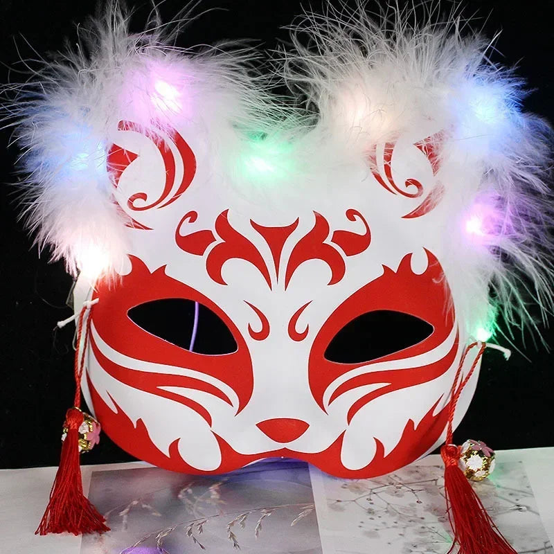 Luminous Feather Fox Mask Half Face Cat Anime Fox Mask Children Luminous Mask Eye Mask Makeup Party Role Play Props