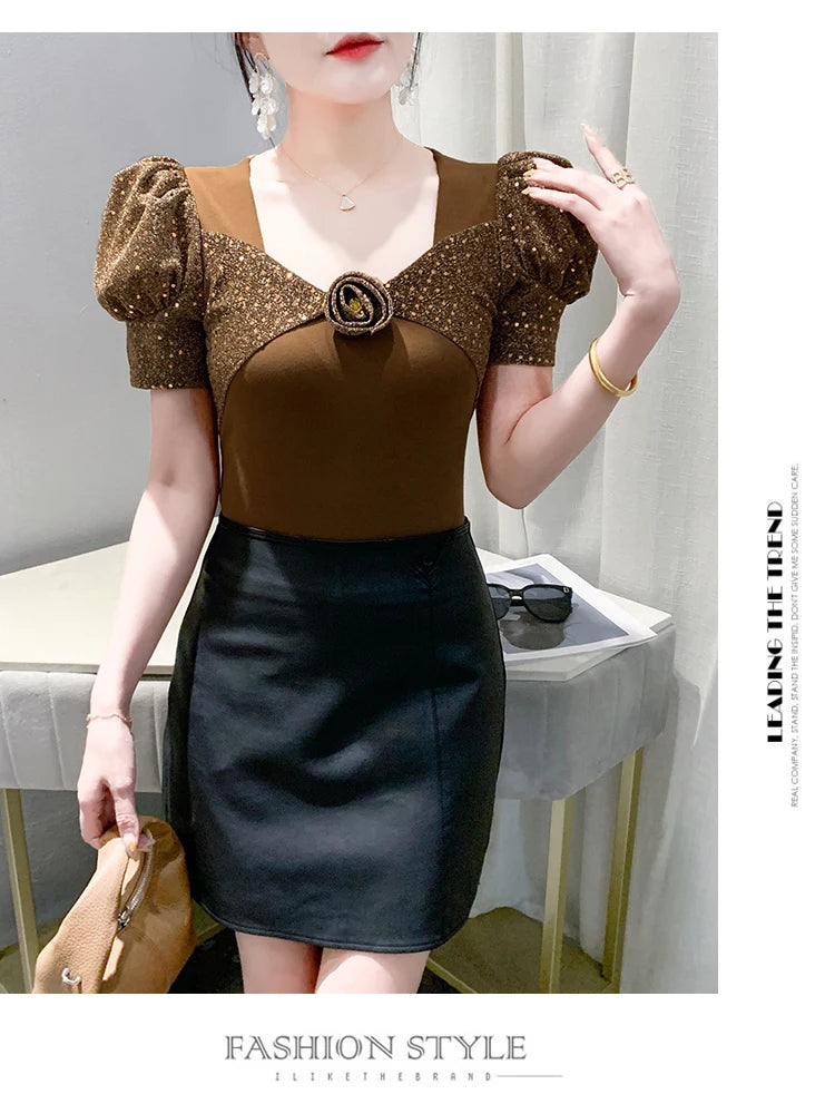 Women's Chic Youthful Square Neck Puff Sleeve T-Shirt Shimmery Floral Summer Blouse  Slim Fit Trendy Top