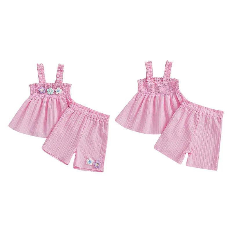 0-4years Baby Girl Summer Outfit 3D Flower Design Ruffled Trim Smocked Sleeveless Tops and Shorts 2 Pcs Set for Toddler girls