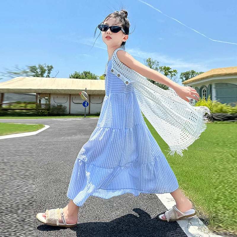 5-14Years Old Girls Dress Children Summer Sweet Beach Holiday Gown Kids Dresses Teenager Sleeveless Clothing Sets