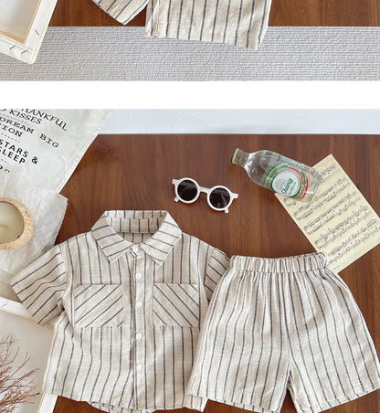 Set Children Unisex Summer New Style Cotton Stripe Pocket Shirt Polo Collar Shourts Fashion Casual Brief Versatile Korean