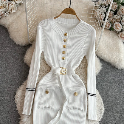 Women Dress 2025 Autumn Winter Elegant Rib Knit Long Pencil Dress with Belt Office Lady Bodycon Sweater Dress Vestidos
