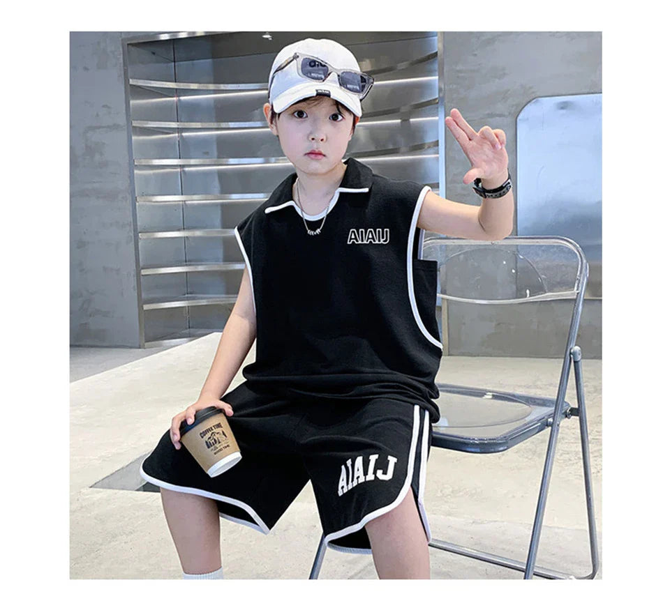 Boys Clothing Set American Style Children Vintage Vest Casual Sport Loose Pullover Sleeveless T-shirt Top Shorts Two-piece Set