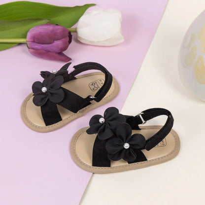 Baby Girls Shoes Flowers With Pearls Summer Cool Princess Sandals Lightweight Comfortable Soft Anti-slip Flat Sole