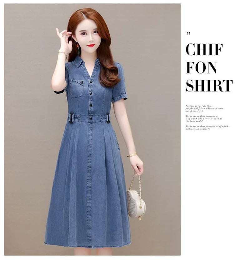 2026 Korean Summer New Denim Dress Women Temperament  Short Sleeved Fashion Slim All-match Casual Dress Female Vestidos