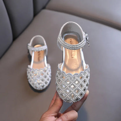Children Spring Summer Korean Version Dance Shoes Girls Pearl Show Shoes Girl Rhinestone Princess Lace Leather Shoes Solid Color