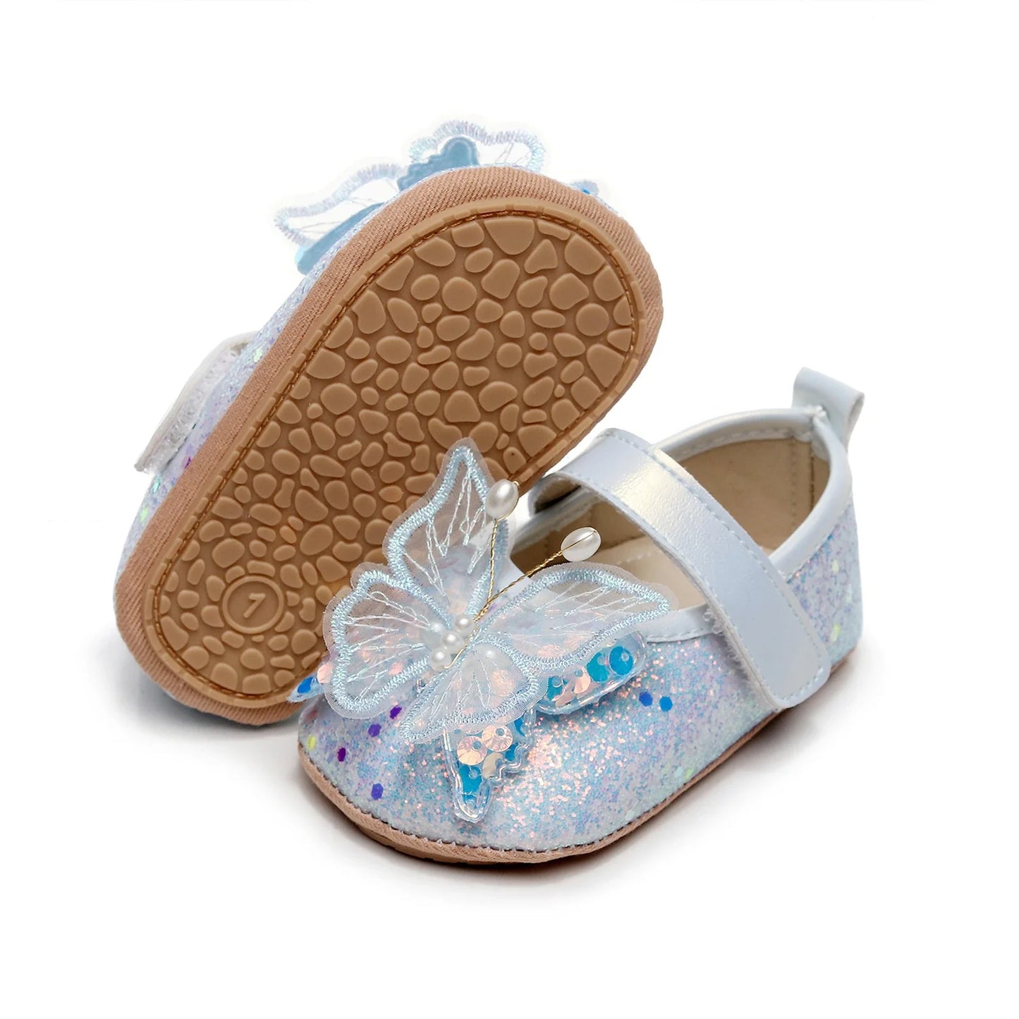 Shiny 3D Butterfly Princess Dress Shoes for Baby Girl Glitters Flats Non-Slip Crib Shoes Walking Shoes for Toddlers Infants