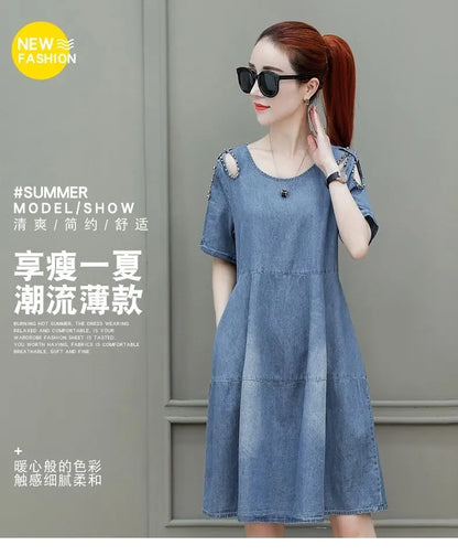 Short sleeved Denim Dress Summer Women's 2024 New College style Fashion Student Loose Dress With pockets Casual Clothing