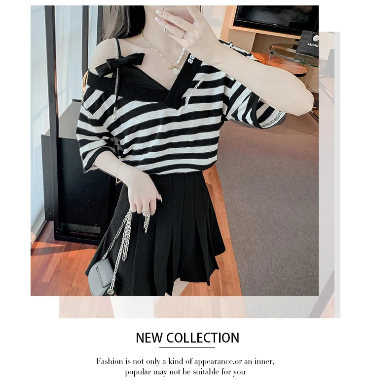 Unique Design oulder Bared ort Sve V-Ne Loose T-irt for Women  Knot Print Splice Asymmetrical Korean Sle