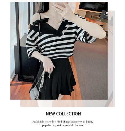 Unique Design oulder Bared ort Sve V-Ne Loose T-irt for Women  Knot Print Splice Asymmetrical Korean Sle