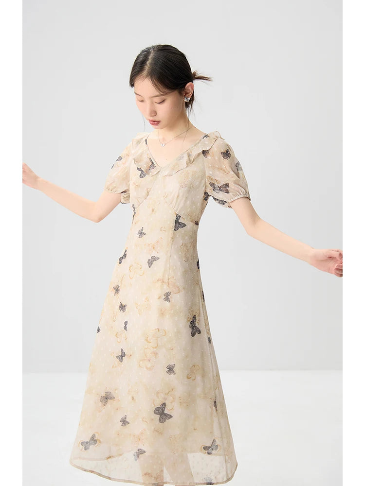 ZIQIAO Chiffon Summer Long Dress Sleeveless Bow Print Female A-LINE Dress Short Sleeve Polyester Dress24ZQ92353+24ZQ92319