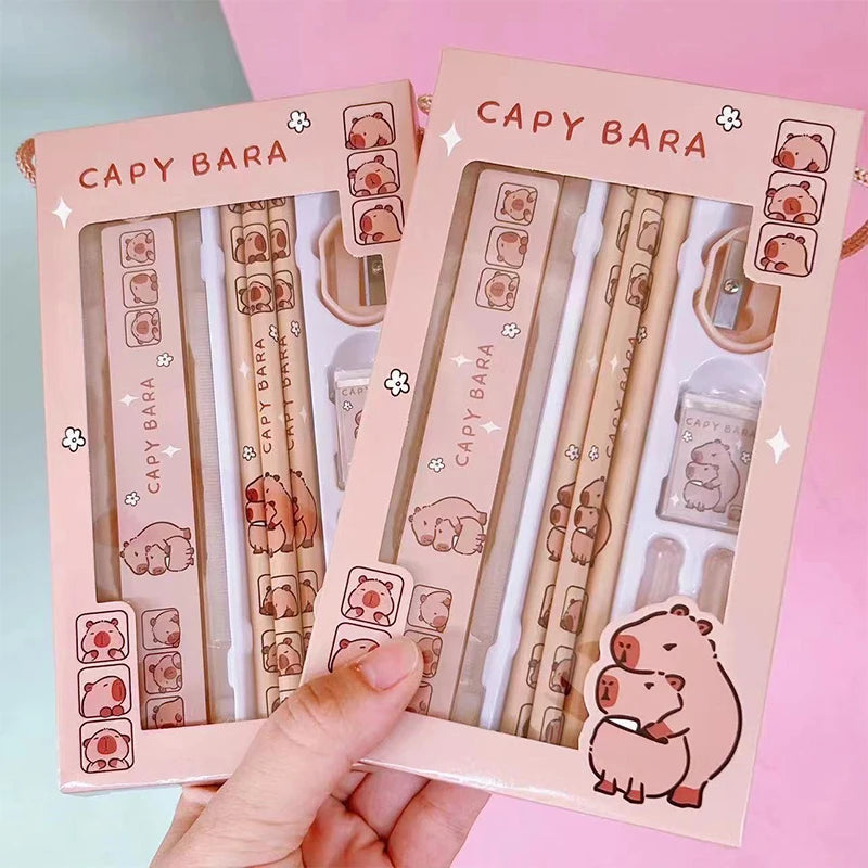 1Set 8 In 1 Student Stationery Capybara Pencil Ruler Eraser Sharpener Set Office Accessories School Writing Supplies Kids Gifts