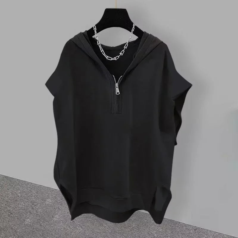 Summer Men's Zip up Sleeveless Hooded T-shirt 2024 New Korean Fashion Tank Tops Y2K Streetwear Casual Vests Hip Hop Tee Shirts(Available)