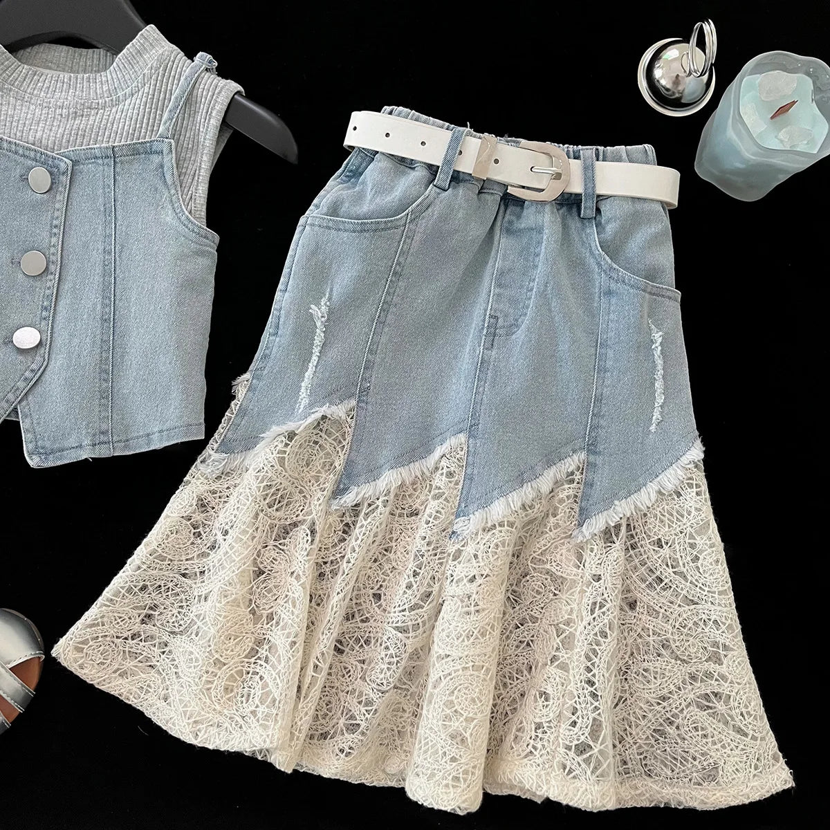 Girls Baby Summer Clothing Set Denim 4pcs Suits Top Vests+Tees+lace Skirts+Belt,fashion Kids Children Birthday Casual Clothes