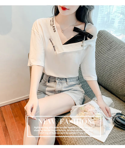 Unique Design oulder Bared ort Sve V-Ne Loose T-irt for Women  Knot Print Splice Asymmetrical Korean Sle