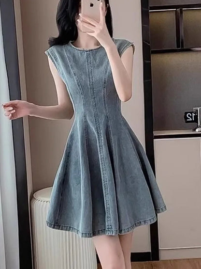 Summer New Retro Blue Denim Dr Slimming High Waist round Ne Svel A-Line Skirt Korean Sle Women's Faion Dr