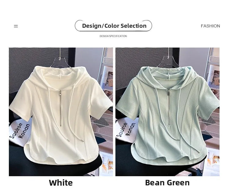 Summer New Women's Zipper Hoodie ort Sve T-irt Pure Cotton Slim Fit ort Fibone Top Korean Sle Commute Faion