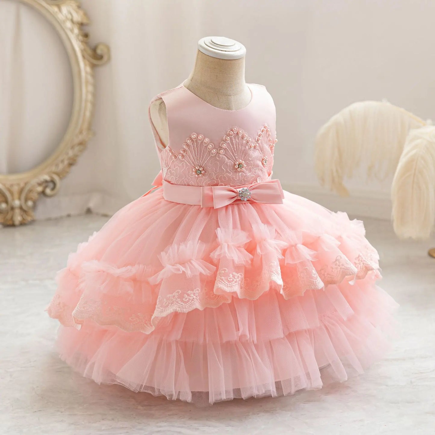 Party Dresses For Girl Formal Prom Wedding Dress Beaded Embroidery Mesh Princess Dress For Infant Baby 1st Birthday Baptism Gown