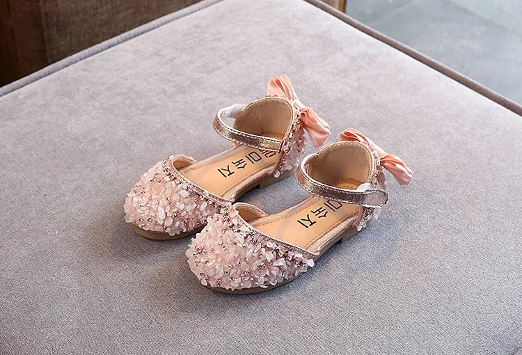 2023 Crystal Bow Single Shoes Summer Girls Fashion Princess Soft Shoes Children Pu Leather Flat Baby Rhinestone Sandals A986
