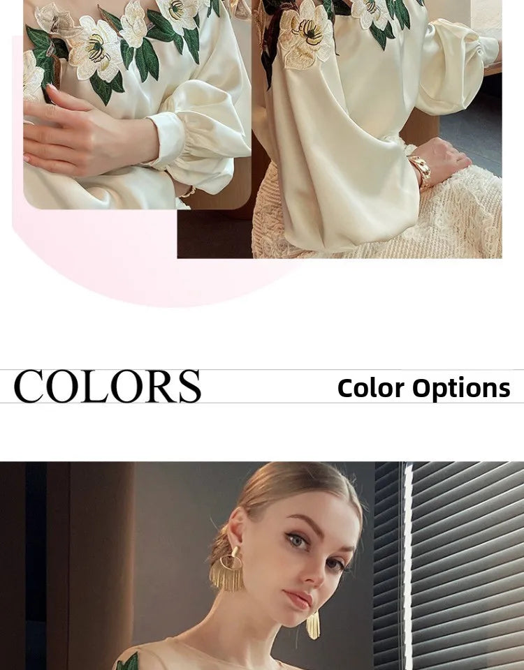 Embroidered Heavy Work Satin Patchwork irt Women's Sle Spring New Arrival Long Sve round Ne Fly Sve Lace Top