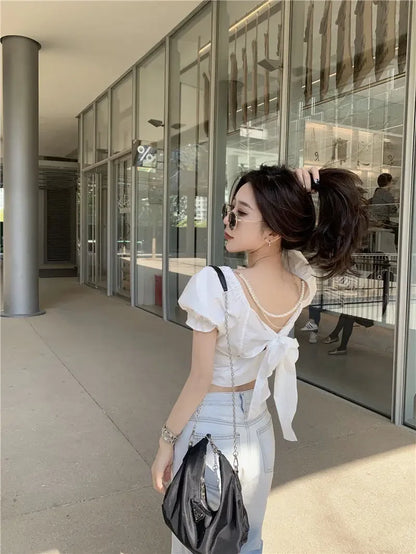2025 Fashion New Pearl Chain Shirt Women Summer French Bow Backless White Blouse Sweet Puff Sleeve Crop Top Female