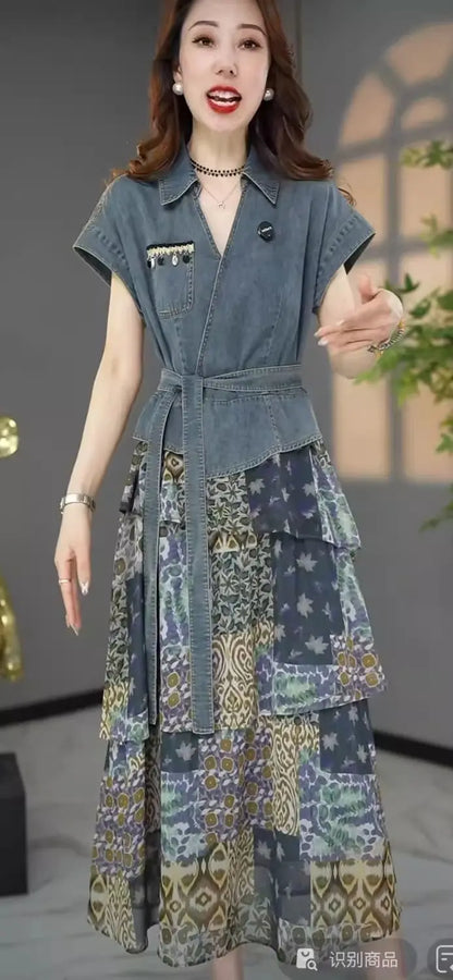 Women's Summer Dress Fake Two Piece Cowboy New Vintage Simple Loose Casual Design Fashion Advanced Soft Niche Versatile Skinny